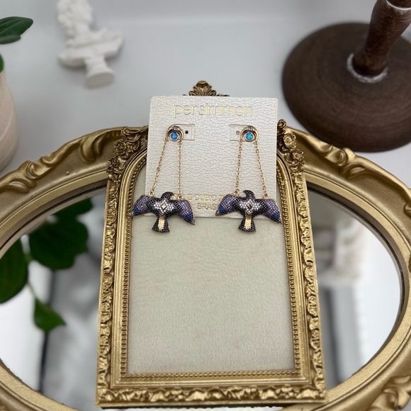 Persimmon Opal & Cubic Zirconia Bird Drop Earrings – Luxe Boho Statement - Picture 4 of 10